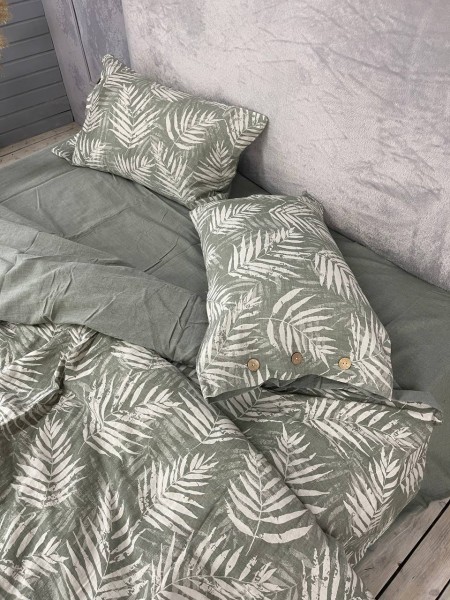 Льняное постельное белье (вареный хлопок) Лист Зеленый