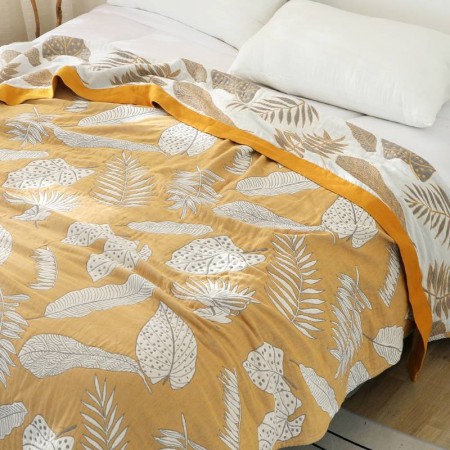 Плед муслиновый (махровое покрывало на кровать) Тропики, желтый
