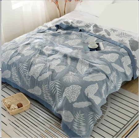 Плед муслиновый (махровое покрывало на кровать) Тропики, синий