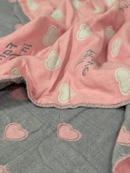 Плед муслиновый (махровое покрывало на кровать) Сердечки розовые