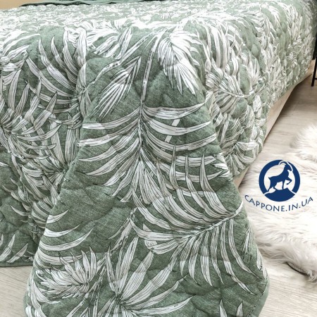 Купить Стеганое покрывало с подушками зелёные  пальмовые листики 200х220 Недорогие