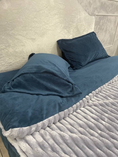 Плюшевое постельное белье (велюровое) Сталь и синий