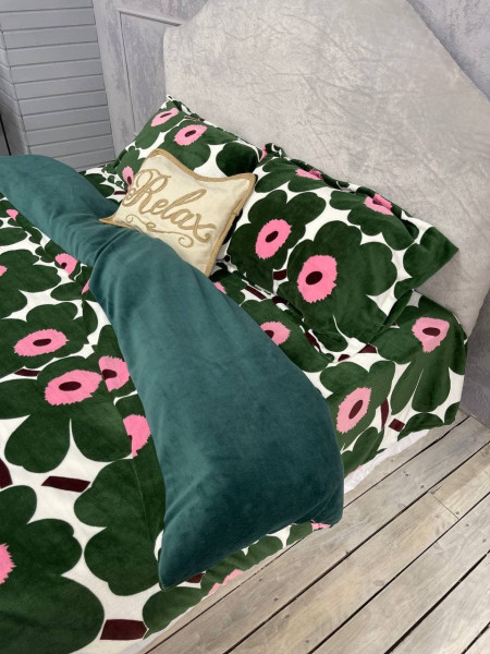 Плюшевое постельное белье (велюровое) Маки зеленые