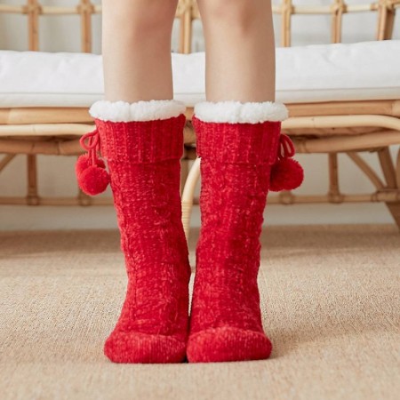 Придбати Плюшеві шкарпетки-тапочки з помпонами, червоні Недорогі