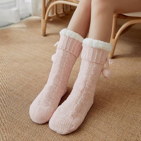 Придбати Плюшеві шкарпетки-тапочки з помпонами, пудра Недорогі