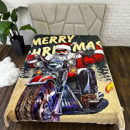 Плед велюровый с 3D рисунком, Санта на мотоцикле
