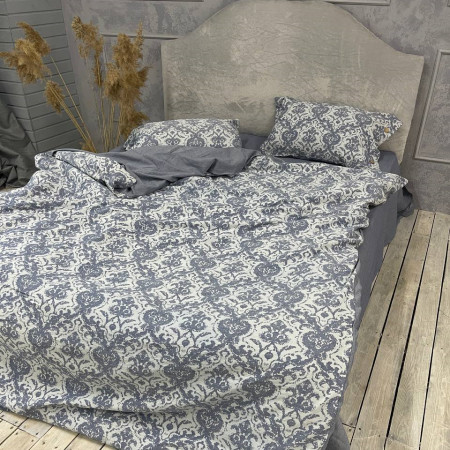 Льняное постельное белье (вареный хлопок) Орнамент Синий