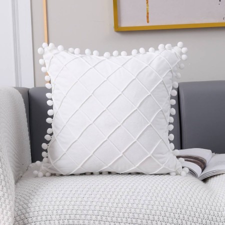 Декоративна подушка з помпонами, біла