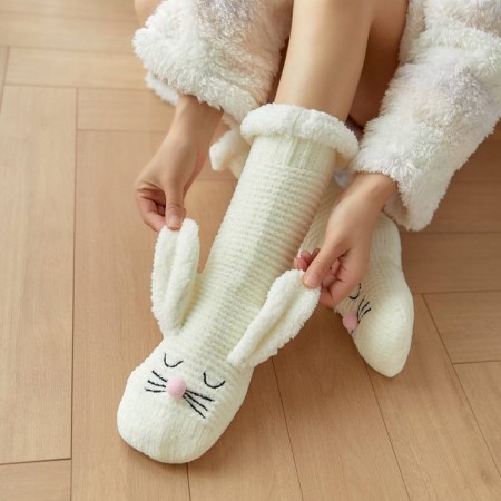 Плюшевые носки-тапочки Зайчики, молочный