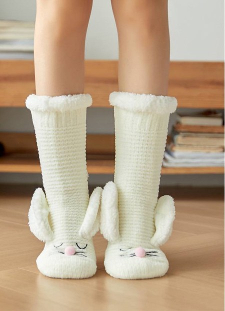 Плюшевые носки-тапочки Зайчики, молочный